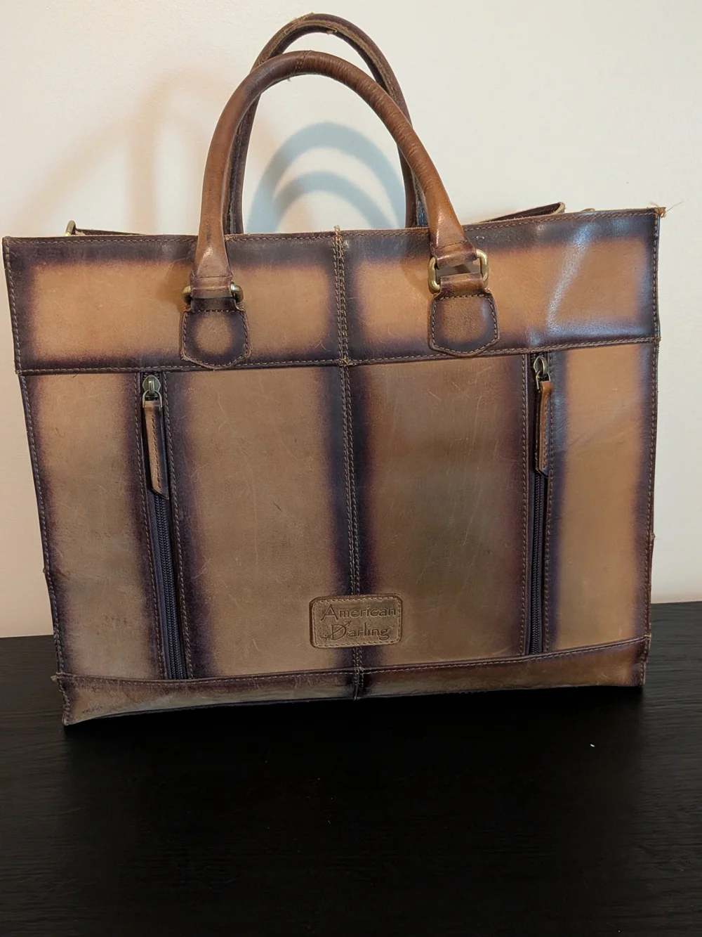 American Darling Cowhide Leather Top-Handle Tote Bag in Brown & White
